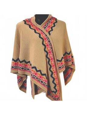 Freshman Forever Tan Pink Blue Sweater Poncho One Size